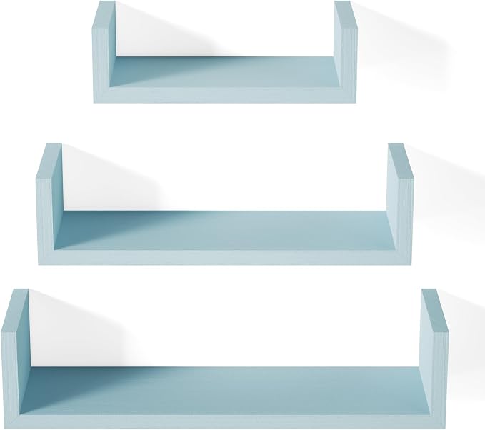 SRIWATANA Floating U Shelves Wall Mounted, Solid Wood Wall Shelves Set of 3 (Blue)