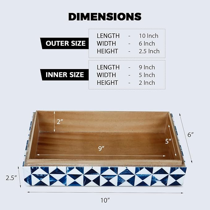 Handicrafts Home Blue and White Decorative Storage Box with Lid– Rectangular Coffee Table Storage Box, Handmade Resin Inlay Wooden Box, Remote Holder, Desk Organizer, Decorative Keepsake Box-10x6x2.5"