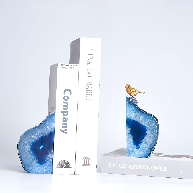 Blue Agate Bookends for Shelves, Geode Crystal Book Ends for Heavy Books, Stone Decor with Rubber Bumpers 1 Pair 3-3.8LBS Home Decorative Unique
