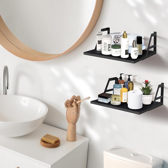 Tectocker-DOU 2 Pc Deep Floating Shelves ; Wall Mounted Hanging Shelves for Living Room, Kitchen, Office, Bathroom and Bedroom Decor; Storage and Display Shelf Set (Black, 15.7W×11.8D)