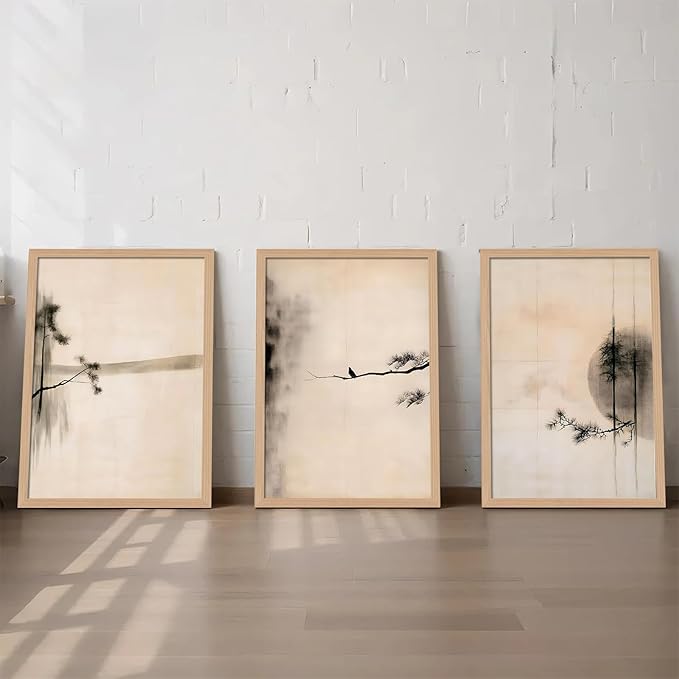skysoon Minimalist Zen Wall Art Set of 3, Abstract Ink Landscape Canvas Prints, Neutral Pine Tree and Bird Artwork, Modern Japanese Scandinavian Wall Decor for Living Room Bedroom Office 16x24 Inch
