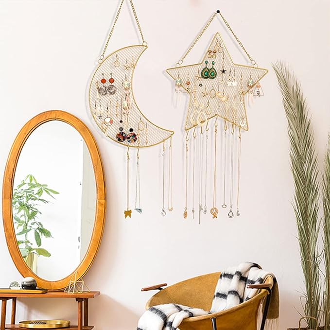 Rolin Roly Earring Wall Holder Mounted Jewelry Rack Hanging Earring Organizer with 7 Hooks Star Shaped for Display Grid Golden Bracelet Necklace Ring