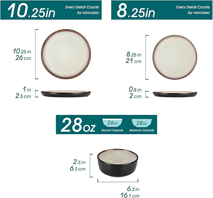 vancasso Plates and Bowls Sets, 24 Pieces Stoneware Dinnerware Sets for 8, Kitchen Dish Set Mircowave and Dishwasher Safe Ceramic Dishware, Light Cream, Series AMBER