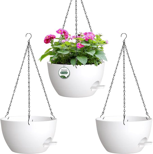 3 Pack 10 Hanging Flower Pots with Chains Self Watering Plastic Planters for Indoor Outdoor Plants, Sturdy Triangular Iron Chain Design for Garden PorchPlastic Hanging Flower pots (3, White)