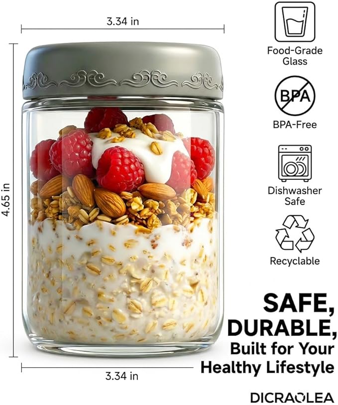 16oz 4Pack Glass Overnight Oats Jars Containers with Airtight Leakproof Lids, Reusable Mason Jars for Meal Prep, Yogurt Parfaits, Smoothies, Salads & Healthy Breakfasts (16 OZ-4-2)