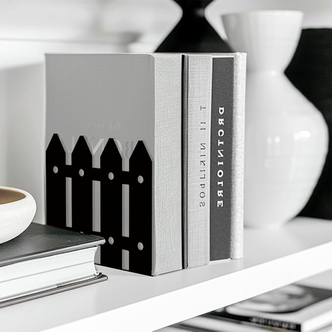 Peacoblue Metal Bookends for Shelves, Modern Decorative Heavy Duty Study Book Support Stoppers for Office, Desk, Shelf, Room 5.3"x4.3"x4.9" Cast Iron Simple Tall Bookends, 1 Pair (Farmhouse Fence)