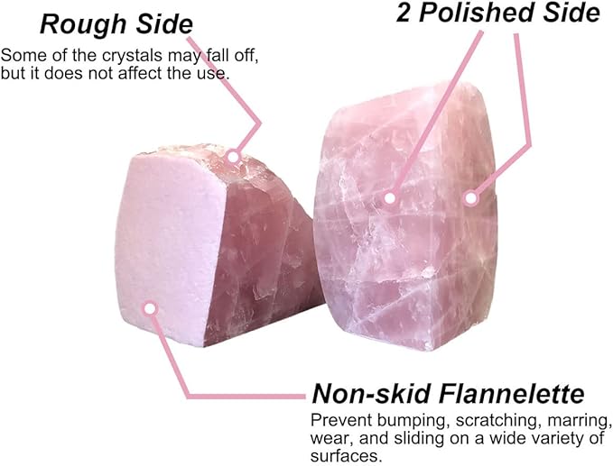 Crystal Bookends Pink Heavy Duty Bookend Natural Rose Quartz Stone Decorative Book Ends 1 Pair 4-6 LBS