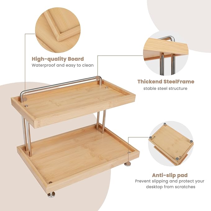 Bamboo Two-Tier Storage Rack，Tabletop Storage Organizer for Kitchen, Bathroom, Office, and Home Use