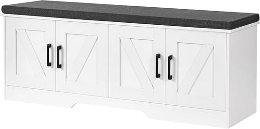 HOMSHO 2-Tier Storage Bench, 47.2" Wide Shoe Bench with Padded Seat Cushion, Entryway Bench with 4 Barn Doors and Adjustable Shelf, White