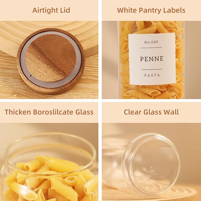 3 Pack Glass Canisters with Airtight Acacia Lids and 132 Kitchen Pantey Labels Preprint - 36 Fl OZ Borosilicate Glass Pantry Storage Jars Containers with Wooden Lids for Tea,Sugar,Cookie,Pasta,Candy