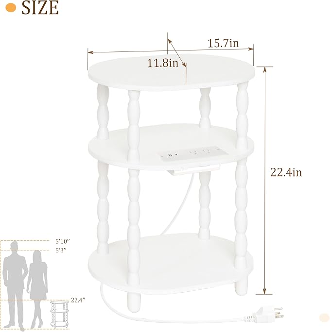 MaxSmeo White Side Table with Charging Station, 3-Tier Small Oval End Table with USB Ports and Outlets, Modern Night Stand Wood Accent Table for Living Room, Bedroom, White