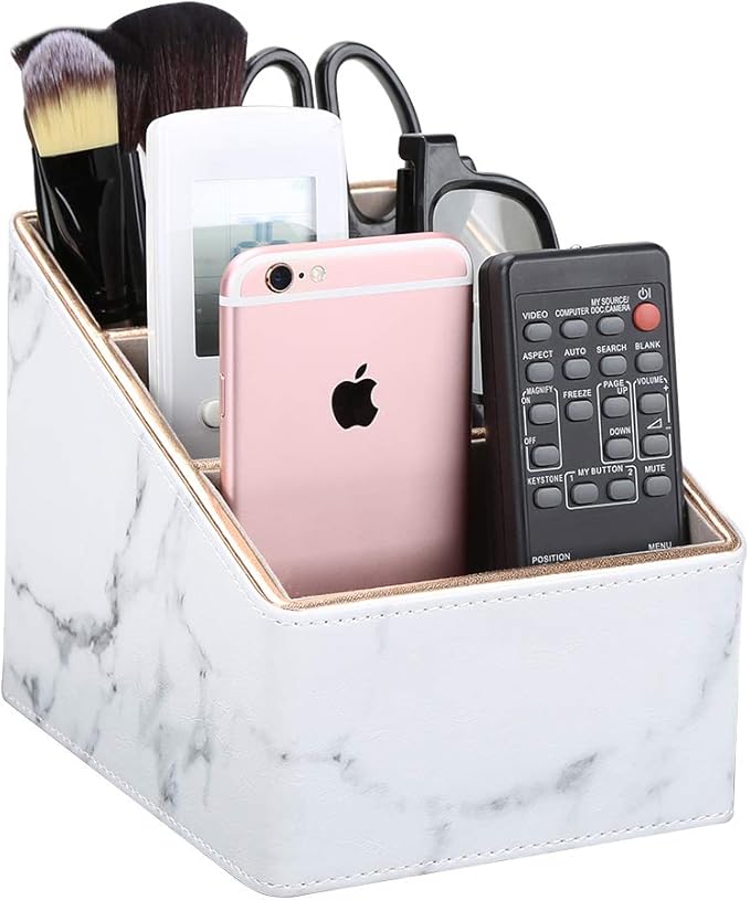 KINGFOM Remote Control Holder with 3 Compartments, Pu Leather Remote Caddy Desktop Organizer for TV, CD, Blu-Ray, Media Player, Heater Controllers and Cosmetics Office Supplies (White Marble)