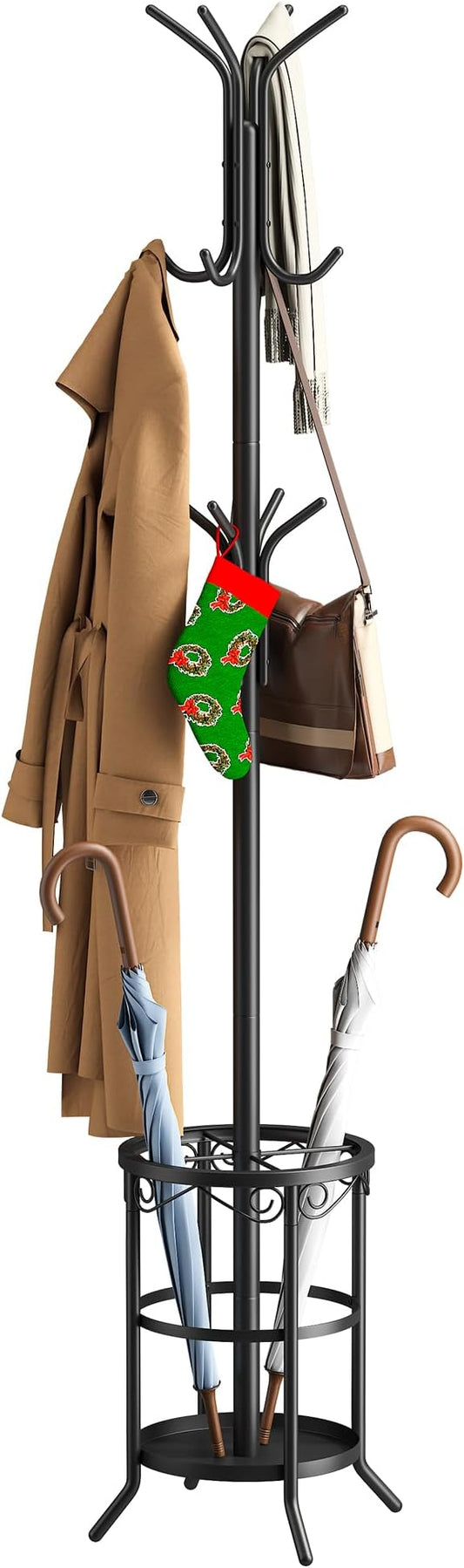 Coat Rack Freestanding with Umbrella Stand Coat Rack Stand with 12 Hooks Metal Coat Tree Coat and Hat Hanger Jacket Entryway(Black)