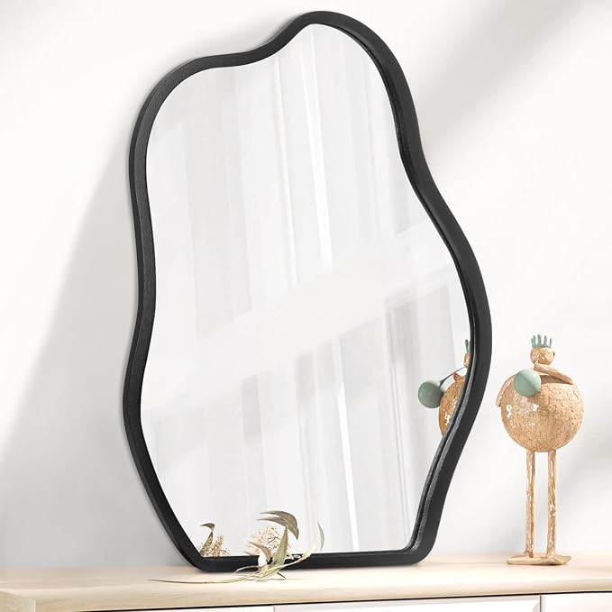Irregular Asymmetrical Mirror Small Wooden Framed Wall Mirror Modern Cloud Hanging Artistic Mirror Decor for Bathroom Vanity Bedroom Living Room Entryway Hallway 16"x12"