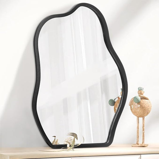 Irregular Asymmetrical Mirror Small Wooden Framed Wall Mirror Modern Cloud Hanging Artistic Mirror Decor for Bathroom Vanity Bedroom Living Room Entryway Hallway 16"x12"