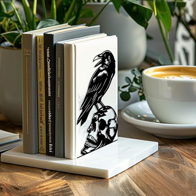 Peacoblue Metal Bookends for Shelves, Modern Decorative Heavy Duty Study Book Support Stoppers for Office, Desk, Shelf, Room 5.3"x4.3"x7.4" Cast Iron Simple Tall Bookends, 1 Pair (Crow and Skull)