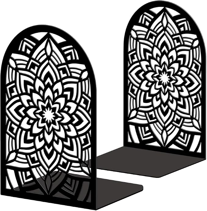 Peacoblue Metal Bookends for Shelves, Modern Decorative Heavy Duty Study Book Ends Stoppers for Office, Desk, Shelf, Room 5.3"x4.3"x7.9" Cast Iron Simple Tall Bookends 1 Pair (Mandala Pattern)