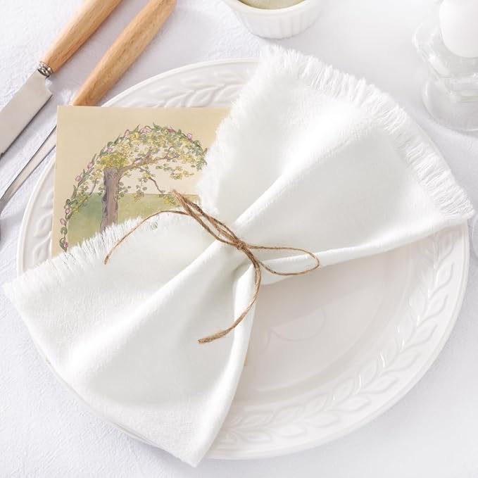 DeZerlor 12 Pack Ivory White Cotton Linen Napkins with Fringe Summer Cloth Napkins Set of 12 Boho Handmade Dinner Napkins Bulk for Wedding Bridal Baby Shower Parties, 17 x 17 Inches