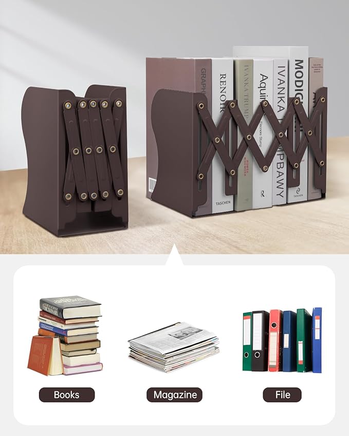 Honagu Adjustable Bookends, Metal Book Ends for Shelves Heavy Book, Desk Magazine File Organizer for Home, Office, Books, Papers, Extends up to 19 inches, for Students,Teachers (Brown)