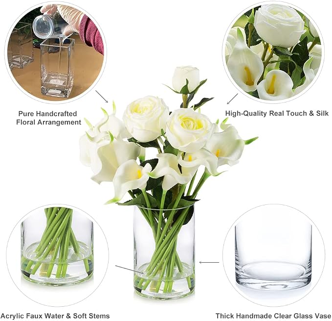 ENOVA FLORAL 18 Heads Calla Lily Flowers Real Touch in Glass Vase Mixed Rose Artificial Flowers, Artificial Flowers in Vase with Faux Water for Dining Table Centerpieces, Wedding Event (White)