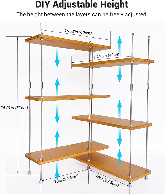 VINIUSIKI DIY Adjustable 6 Tier L-Shaped Countertop Shelf Organizer, Kitchen Spice Rack for Countertop, Wood Coffee Counter Shelf Organizer for Home Break Room- 15.7"x15.7"x24.01" (LxWxH), Amber