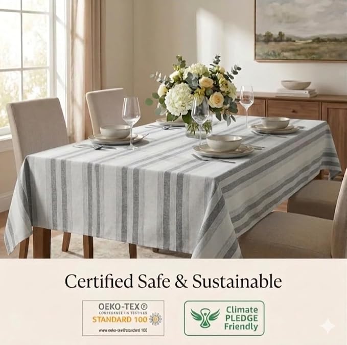 Urban Villa Tablecloth Curtis Stripes Table Cloth Tabletop Cover Kitchen Dining Tablecloth 100% Cotton Great Parties Wedding Holiday Rectangle 60X84 Inches 6-8 Seats Table Cloth - Ivory Stripes