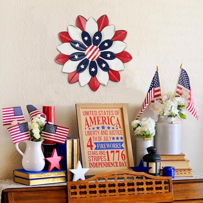 hogardeck 4th of July Decorations Outdoor, Red White Blue Metal Flower Wall Art for Fourth of July Decor, 3D Metal Floral Patriotic Decorations for Yard Garden Home Indoor