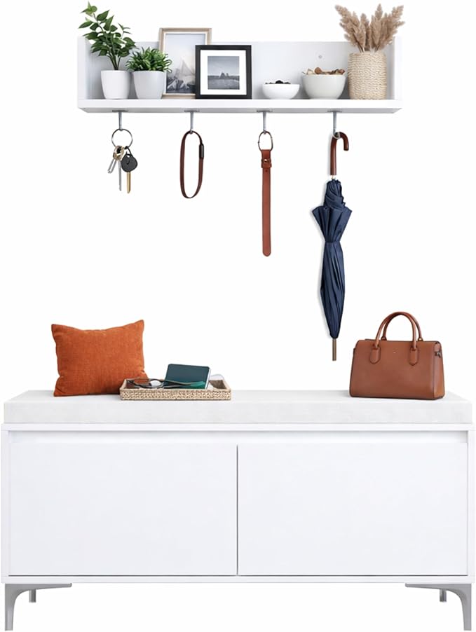 Modern White Entryway Storage Bench with Hooks & Shelf - Shoe Cabinet with Cushion, Wall-Mounted Organizer for Hallway/Bedroom/Mudroom, Closed Storage Solution