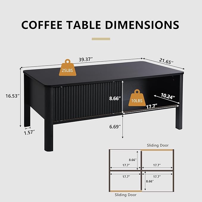 Rectangle Fluted Coffee Table with Storage and Sliding Drawers, Small Low Black Coffee Table, Mid Century Modern Coffee Table for Living Room