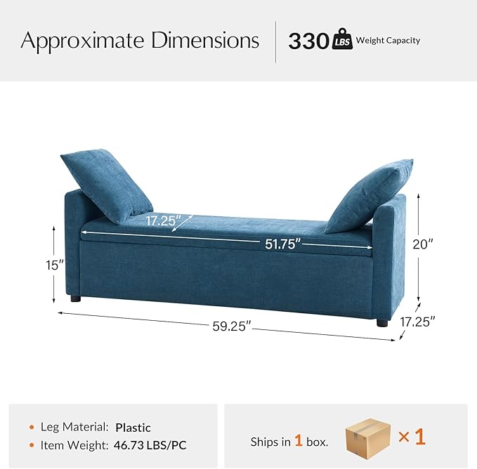 59.5" Modern Storage Ottoman Bedroom Bench, End of Bed Benches with Arms and Throw Pillows, Footrest Stool for Living, Dining Room, Entryway and Hallway, Teal