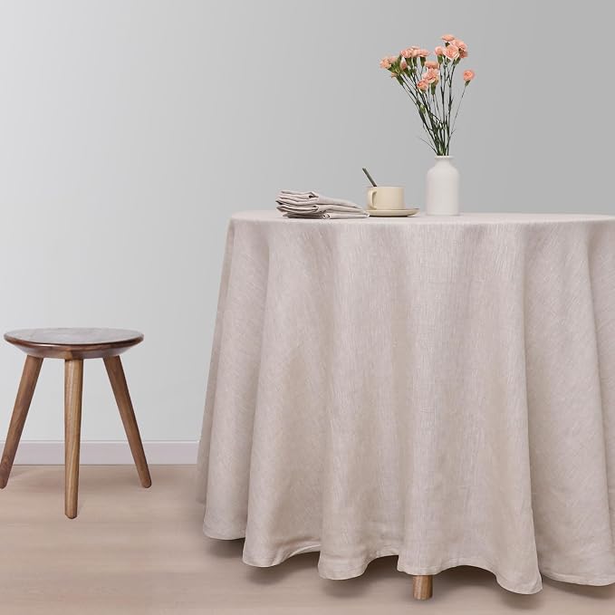 Round Linen Tablecloths 100% Pure French Linen Tablecloth 60'' Washable Linen Table Cloth Cover Decorative for Kitchen Wedding Party Dining Banquet with 4PCS Linen Napkins