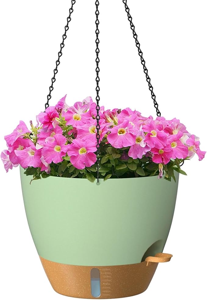 ZMTECH 12 Inch Large Self Watering Hanging Planters for Indoor Outdoor Plants - Water Level Indicator & Removable 60 Oz Reservoir, 1 Pack Plastic Hanging Basket for Window Porch Garden Balcony, Green