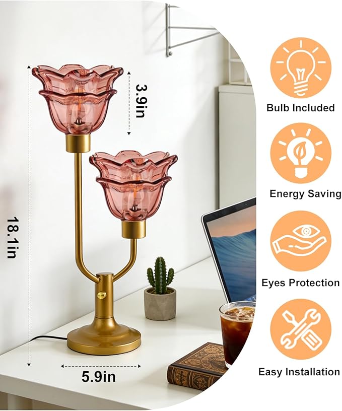 Lightdot Mid Century Modern Flower Glass Table Lamp Gold Dimmable Red Desk Lamps 2 Bulbs Included 3000K Warmwhite Bedside Nightstand Ambiance Lamp for Living Room Bedroom
