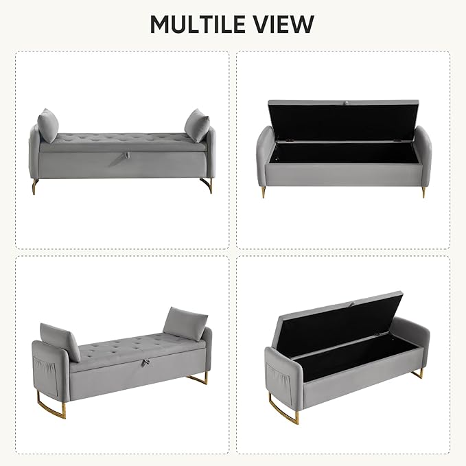 65" Storage Bench for Bedroom, End of Bed Storage Bench King Size with Tufted Button Upholstered and Gold Legs, Ottoman Bedroom Benches with Armrests for Living Room Window, Light Grey