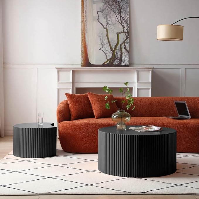 WILLIAMSPACE Nesting Coffee Table Set of 2, Round & Crescent Moon Wooden Coffee Tables, Modern Luxury Accent End Tea Table for Living Room Apartment (Black-Round)