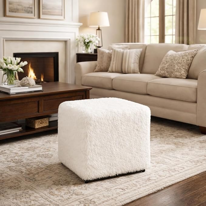 HomePop Cube Ottoman - White Faux Fur