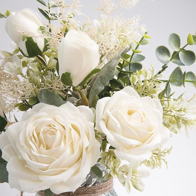 Silk Flowers with Vase, Artificial Flowers Arrangement with Glass Vase Faux Rose for Decoration Table Centerpiece (White Rose)