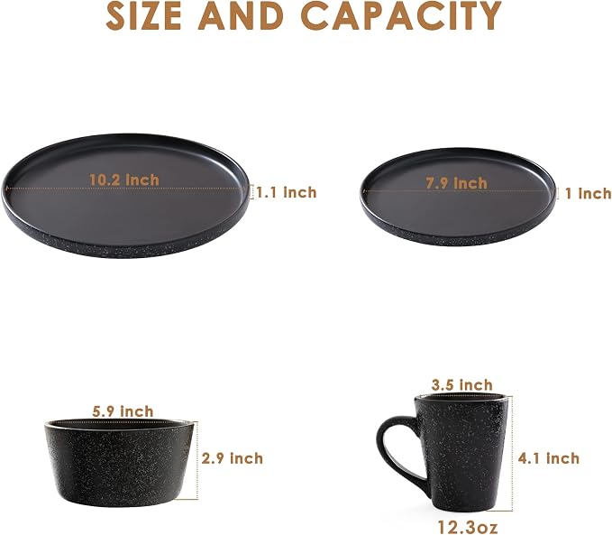 Bestone 16 Piece Round Kitchen Dinnerware Sets,Plates and Bowls sets,Dishes, Dinner Plates, Cereal Bowls Set，Bowls, Mugs, Dish Set，Plates and Bowls,Service for 4, Stoneware Dinnerware,Black matte