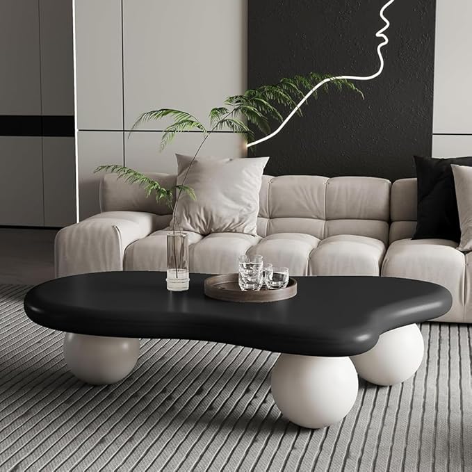 47" Irregular Coffee Table Cloud Coffee Table for Living Room Modern Low Coffee Tables Cute Small Center Table with 3 Ball Legs for Small Space Apartment Black & White
