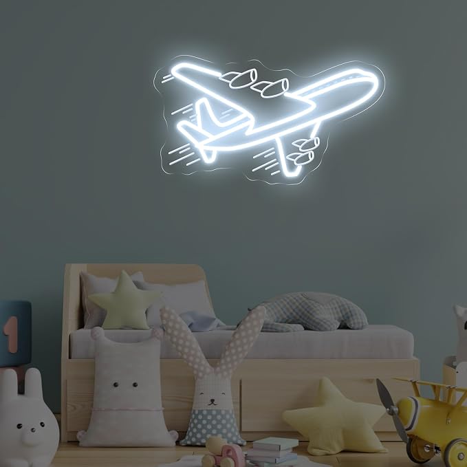 Airplane Neon Sign, Airplane Wall Decor, Air plane Wall Art, Aviation Light Sign, Gift for Kid, Air Plane Wall Decor for Home Bar, 16.5"x9.3", White
