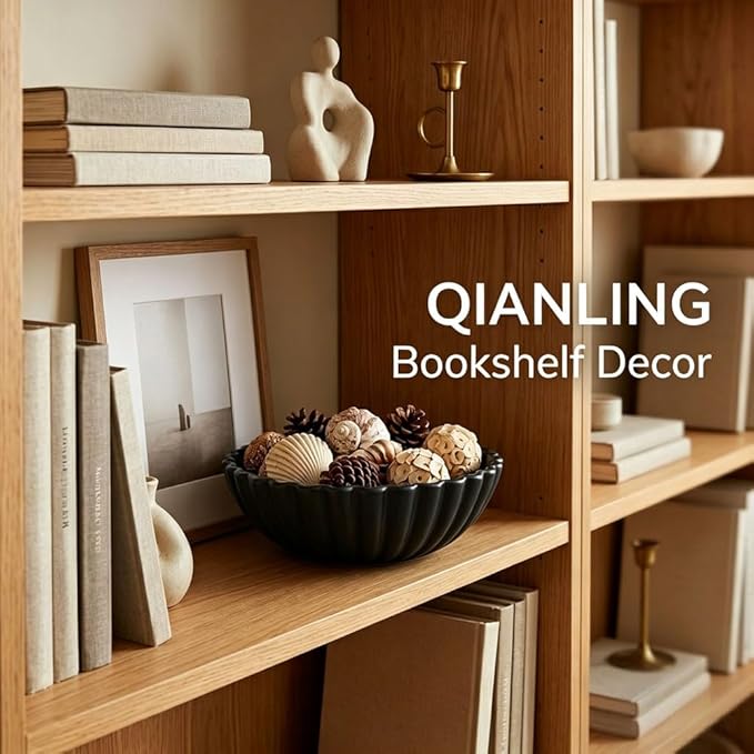 QIANLING Resin Large Black Decorative Bowl for Home Decor - Black Ruffle Fruit Bowl for Kitchen Counter Entryway or Coffee Table or Table Decor - Centerpiece Bowls for Keys, Fruit, Candy