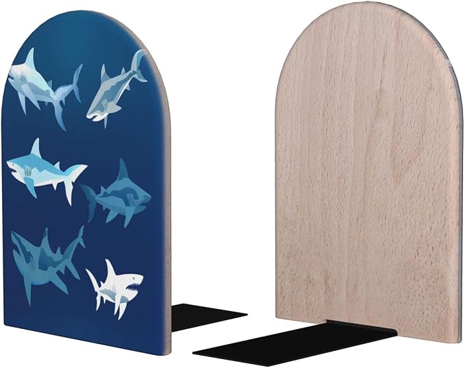Blue Cartoon Shark 2 Pack Wood Decorative Bookends 6.7x4.2 in, Book Ends for Home Office Library Shelves Decor Room Kitchen Desktop