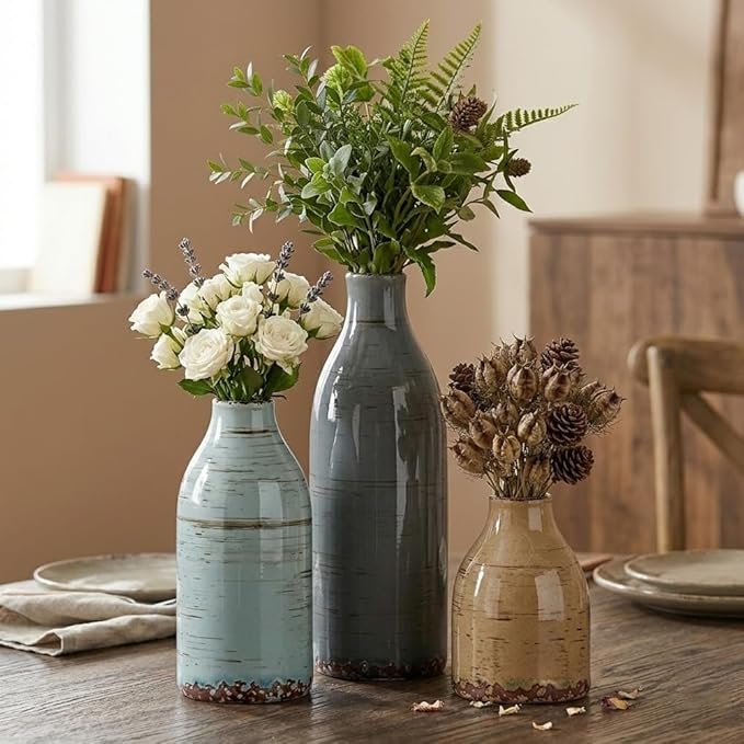 Ceramic Vase Set of 3, Small Neutral Vases Home Decor, Pottery Rustic Farmhouse Decorative Vases with Wide Mouth, Modern Decor for Table Mantel Entryway Bookshelf Living Room Kitchen