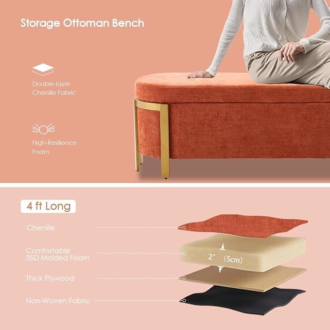 Hyfirm 48" Burnt Orange Storage Ottoman Bench with Gold Legs, 4ft Oval Long Modern Upholstered Bedroom Stool with Padded Seat, Long Oval Settee for Living Room, End of Bed, Couch, Entryway, Hallway