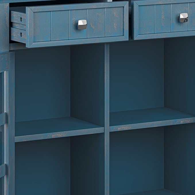SIMPLIHOME Acadian Solid Wood 48 inch Wide Storage Bench that Seats 2 and 36 inch Wide Storage Cabinet in Distressed Coastal Blue for the Living Room, Entryway, and Family Room, Transitional Style