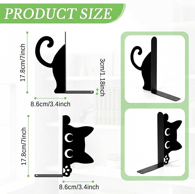 Sanwarm Metal Bookends Funny Black Cat Book Ends Decorative Bookend for Home Office Library Desk Book Shelves Decor, Gift for Reading Enthusiasts Non-Skid Book Stoppers Holder (1 Pair)
