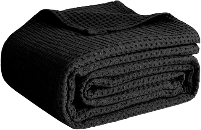 100% Cotton Blankets for Bed - Waffle Weave Blankets for Summer, Lightweight and Breathable Soft Woven Blanket for Spring (Black, Queen (90" x 90"))