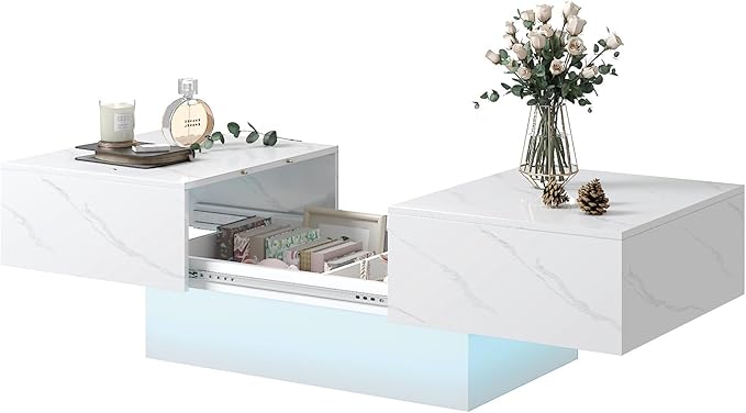 White Marble Modern Coffee Table with Hidden Storage for Living Room, Living Room Table Rectangular Center Tables Sliding Top with LED Lights, Wooden Cocktail Table for Reception Room