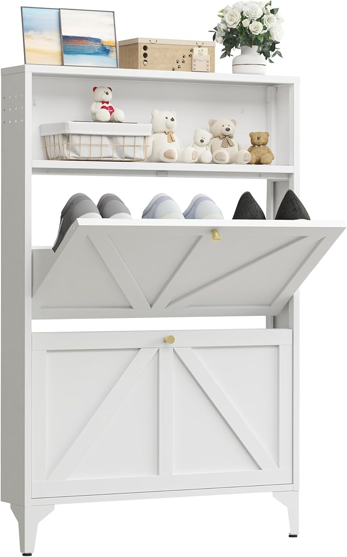 Shoe Storage Cabinet for Entryway with 2 Flip Drawers, Freestanding Shoe Organizer with Legs,Farmhouse Narrow Shoe Storage Cabinet for Entryway, Foyer,Living Room (2-Drawers, White)