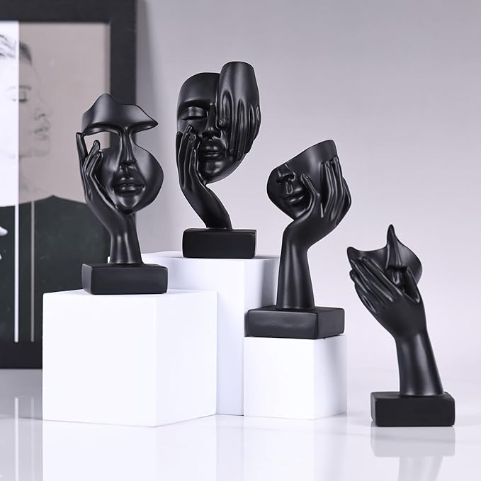 4 PCS Black Thinker Statue Set – Abstract Sculptures Home Decor for Bookshelf, Office, TV Stand Knick Knacks – See No Evil, Hear No Evil, Speak No Evil Figurines, Unique Gift for Women